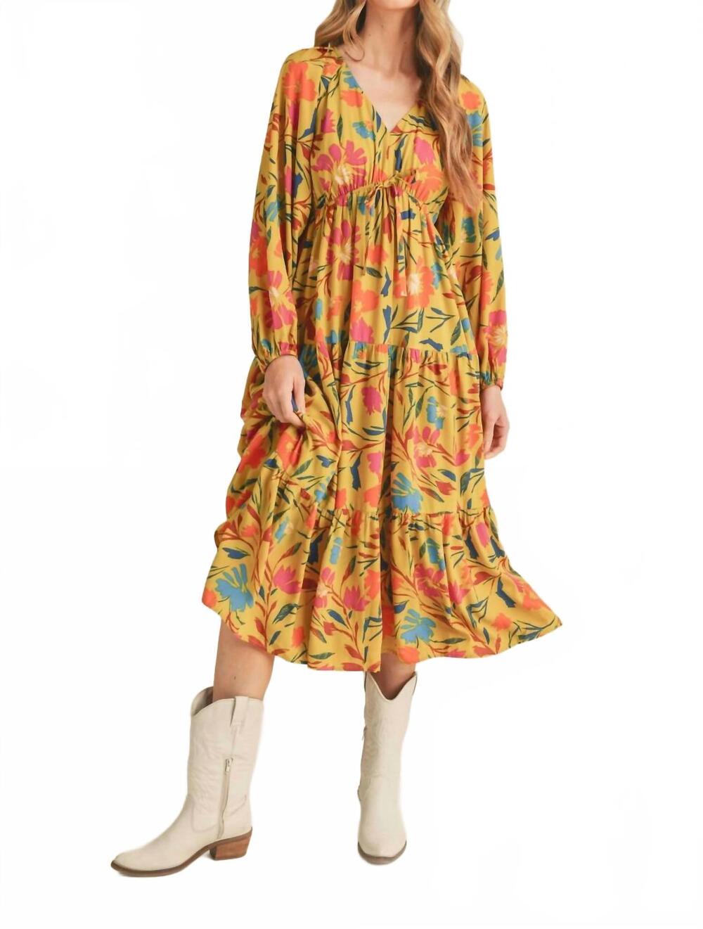 NEW &MERCI tiered long sleeve midi dress in multi